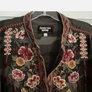Johnny Was Olive Green Camouflage Tunic Top with Floral Embroidery